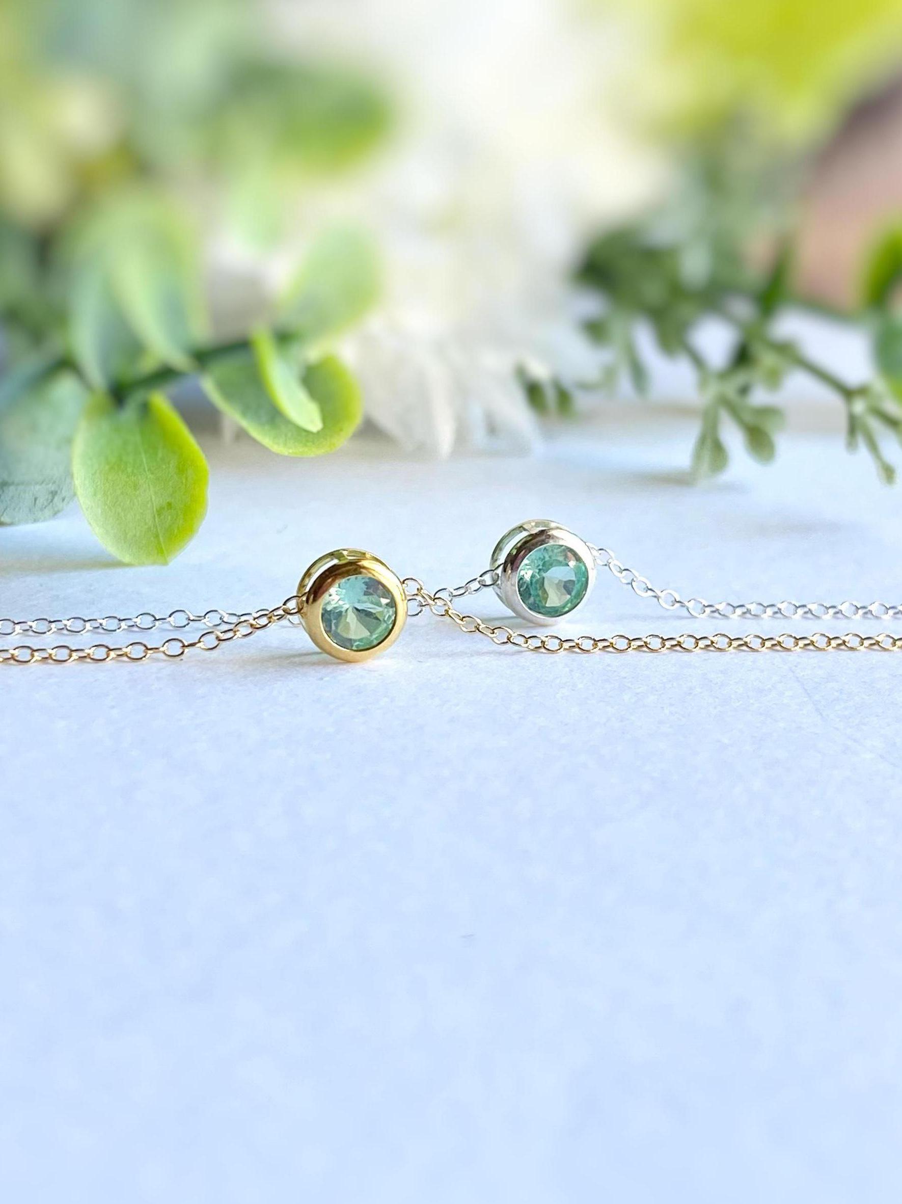 宝石質ブルーグリーンアパタイトAAA 5mm ベゼルネックレス 14kgf 燐灰石