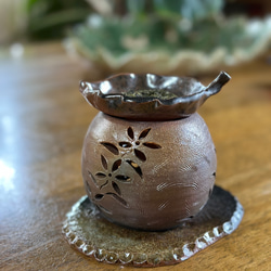 再販】お茶の香りとお花の灯りが美しい焼き締め茶香炉3点セット アロマ