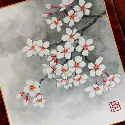 桜ハンドメイド2022』墨絵 墨彩 色紙 原画 送料無料 絵画 Ayumi Noda