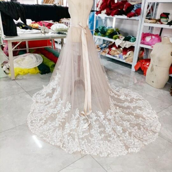 エレガントなオーバードレス　ベージュ  咲き誇る透け花レース    ソフトチュールスカート　 華やかなトレーン 5枚目の画像