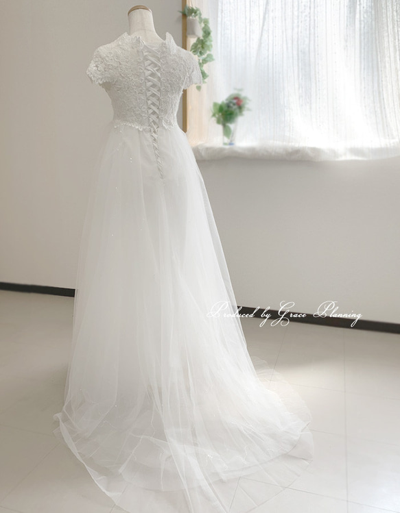 在庫限りウェディングドレス 5号~7号 半袖 袖あり トレーン 前撮り 挙式　結婚式 花嫁 Aライン0601-sa 7枚目の画像