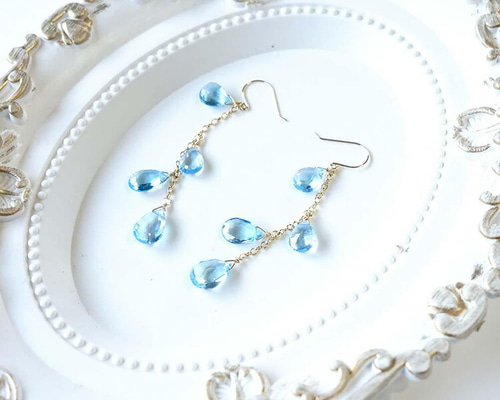 ブルートパーズのシャンデリアピアス K18 スイスブルートパーズ 天然石 シャンデリア ピアス or