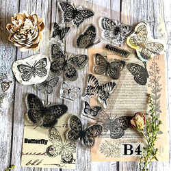 【import】クリアスタンプ コラージュ 蝶/鉱物 1シート290円 送料無料【B4 コラージュ素材】海外 透明シリコンスタンプ ハンコ 日記