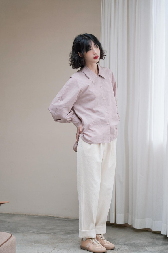 淡粉色格紋襯衫|襯衫|春款|棉|Sora-887 第9張的照片