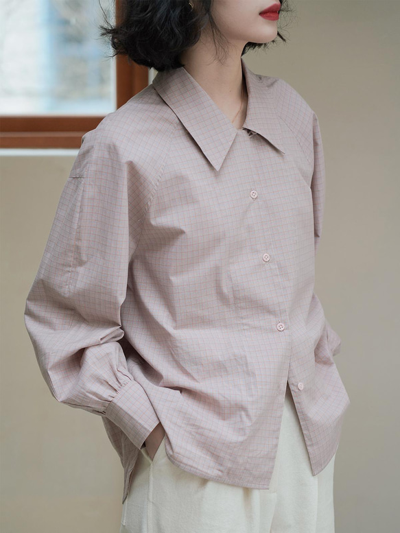 淡粉色格紋襯衫|襯衫|春款|棉|Sora-887 第2張的照片