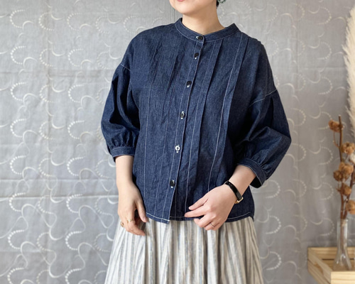 ブラウス シャツ シャンブレーデニム ショルダータックブラウス レディース ＆HALF ブラウス シャツ タックギャザーフレアデニムシャツ