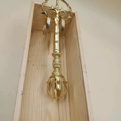 密教法器 法杖 五鈷杵錫杖 真鍮製 禅杖 仏教美術 23.5cm その他アート