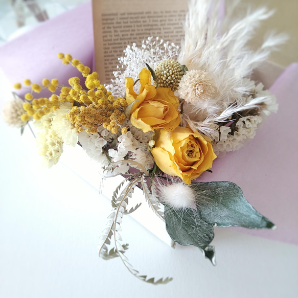 本物花 アンティークイエロー 薔薇 髪飾り ブライダル ウエディング