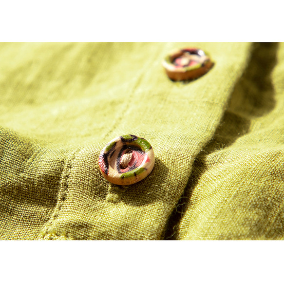 9分袖丈リネンシャツ　リネントップス　Vネック　黄緑色　S-XL #L057 9枚目の画像