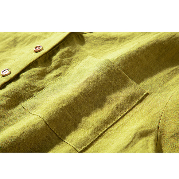 9分袖丈リネンシャツ　リネントップス　Vネック　黄緑色　S-XL #L057 7枚目の画像