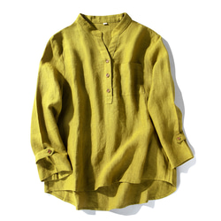 9分袖丈リネンシャツ　リネントップス　Vネック　黄緑色　S-XL #L057 1枚目の画像
