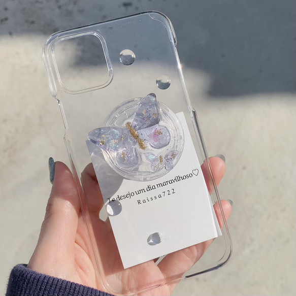 蝶々グリップトック付CASE　　　　　　　　　グリップトック　スマホリング　クリア　　iPhone全機種対応 5枚目の画像
