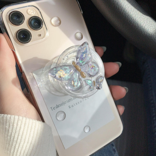 蝶々グリップトック付CASE グリップトック スマホリング クリア