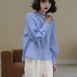 藍色條紋立領襯衫|襯衫|春款|Sora-888 第2張的照片