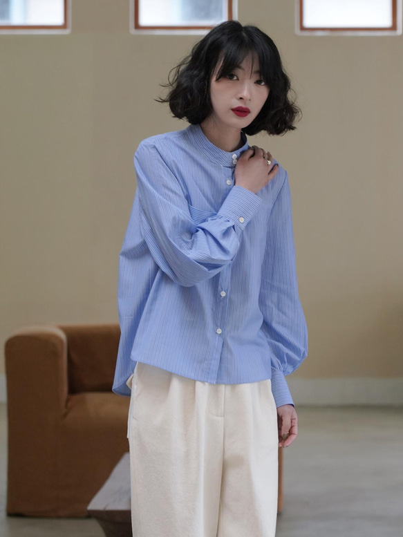 藍色條紋立領襯衫|襯衫|春款|Sora-888 第2張的照片
