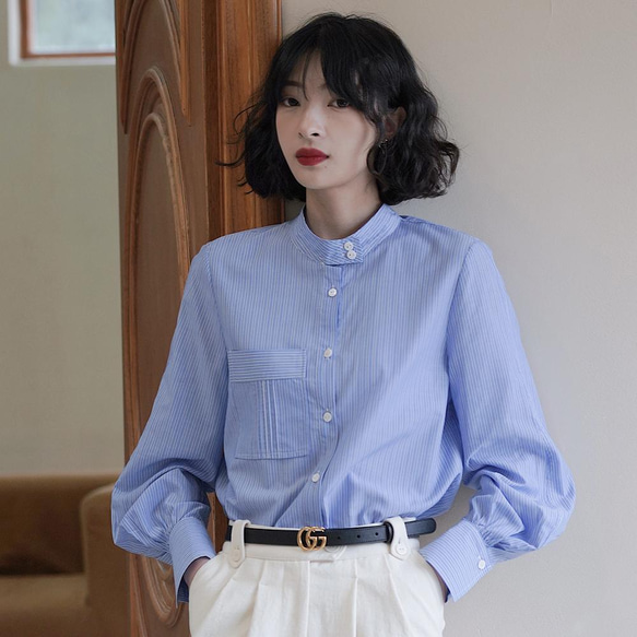 藍色條紋立領襯衫|襯衫|春款|Sora-888 第1張的照片