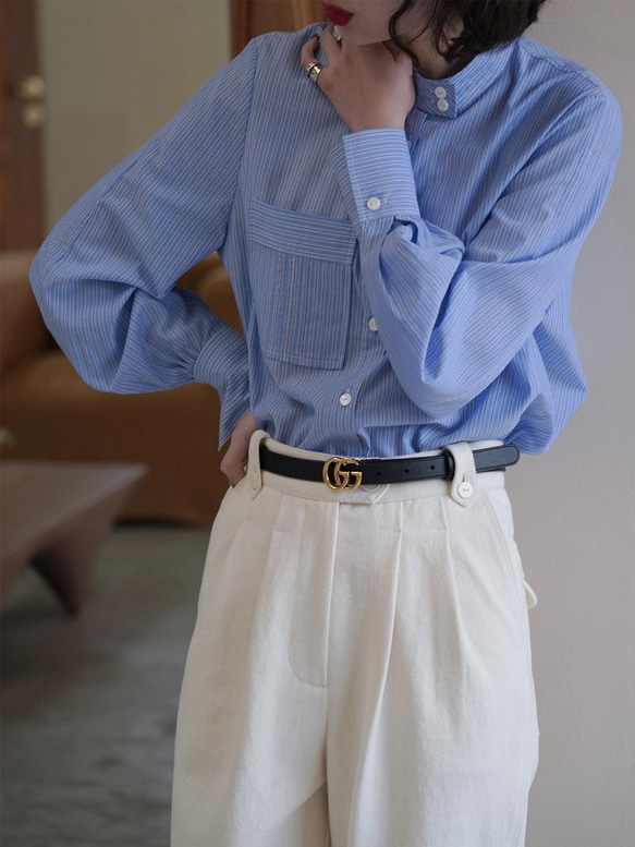 藍色條紋立領襯衫|襯衫|春款|Sora-888 第3張的照片