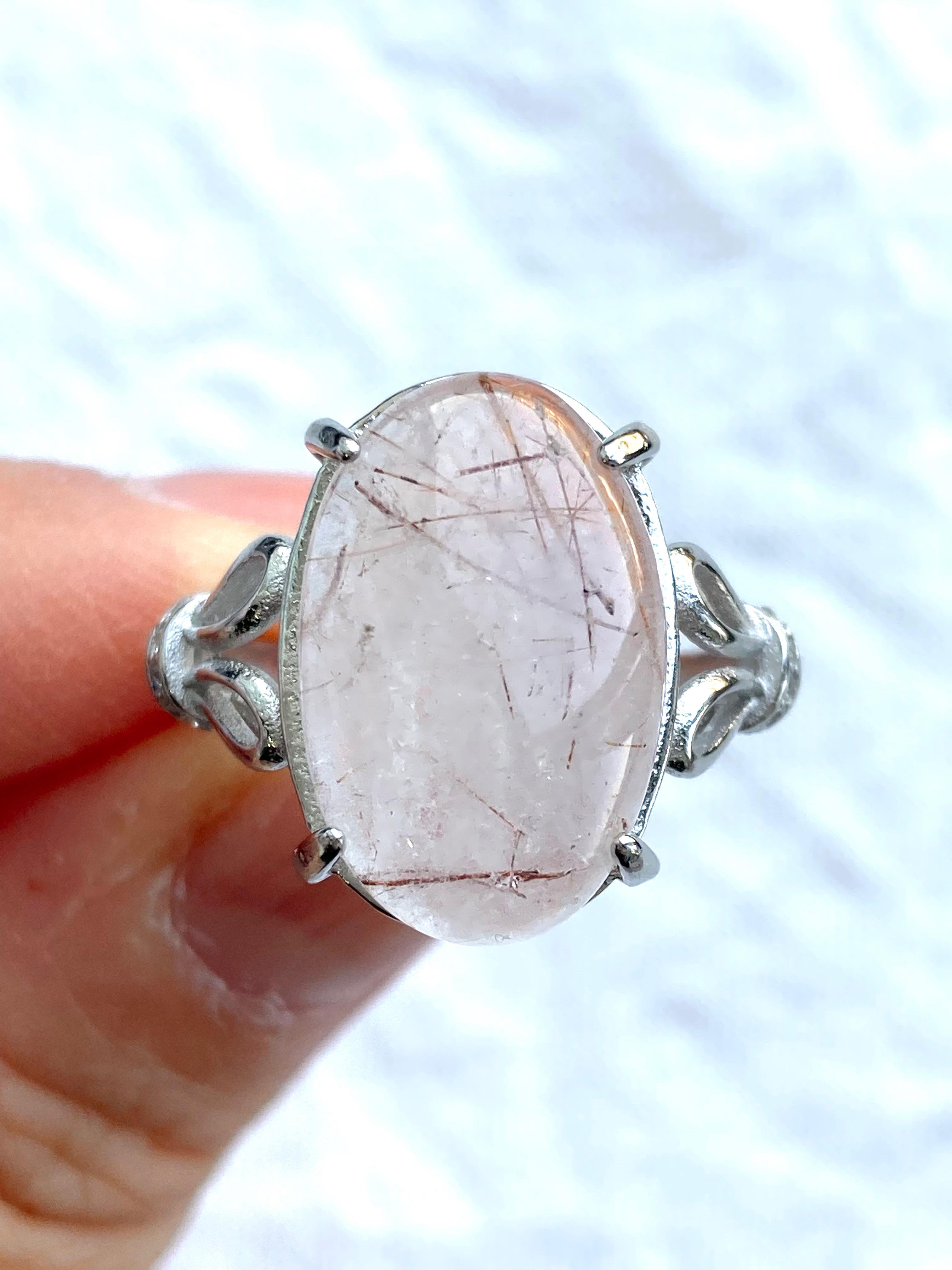 4月誕生石　18×12mm レッドブラウンルチルクォーツ　水晶　フリーサイズリング　ロジウムコーティングシルバー925
