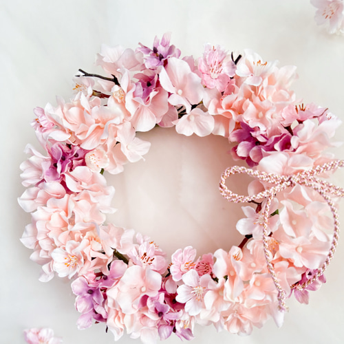 桜ピンクのふわふわリース アーティフィシャルフラワー リース Peony