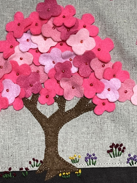 ”春”　桜満開＊刺繍・フクロウ＊アップリケ・トートバッグ 4枚目の画像