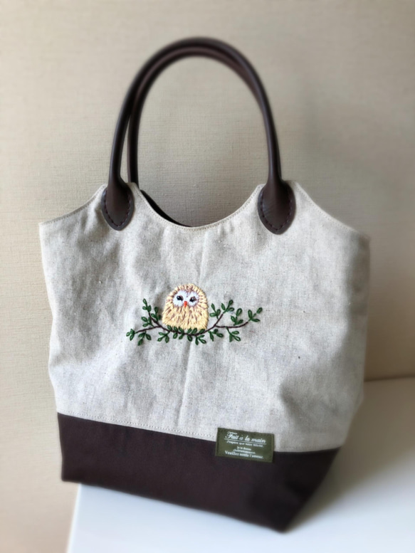 ”春”　桜満開＊刺繍・フクロウ＊アップリケ・トートバッグ 2枚目の画像