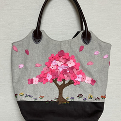 ”春”　桜満開＊刺繍・フクロウ＊アップリケ・トートバッグ 5枚目の画像