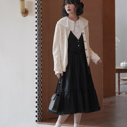 黑色V領系帶亞麻背心裙|洋裝|春款|亞麻|Sora-891 第12張的照片