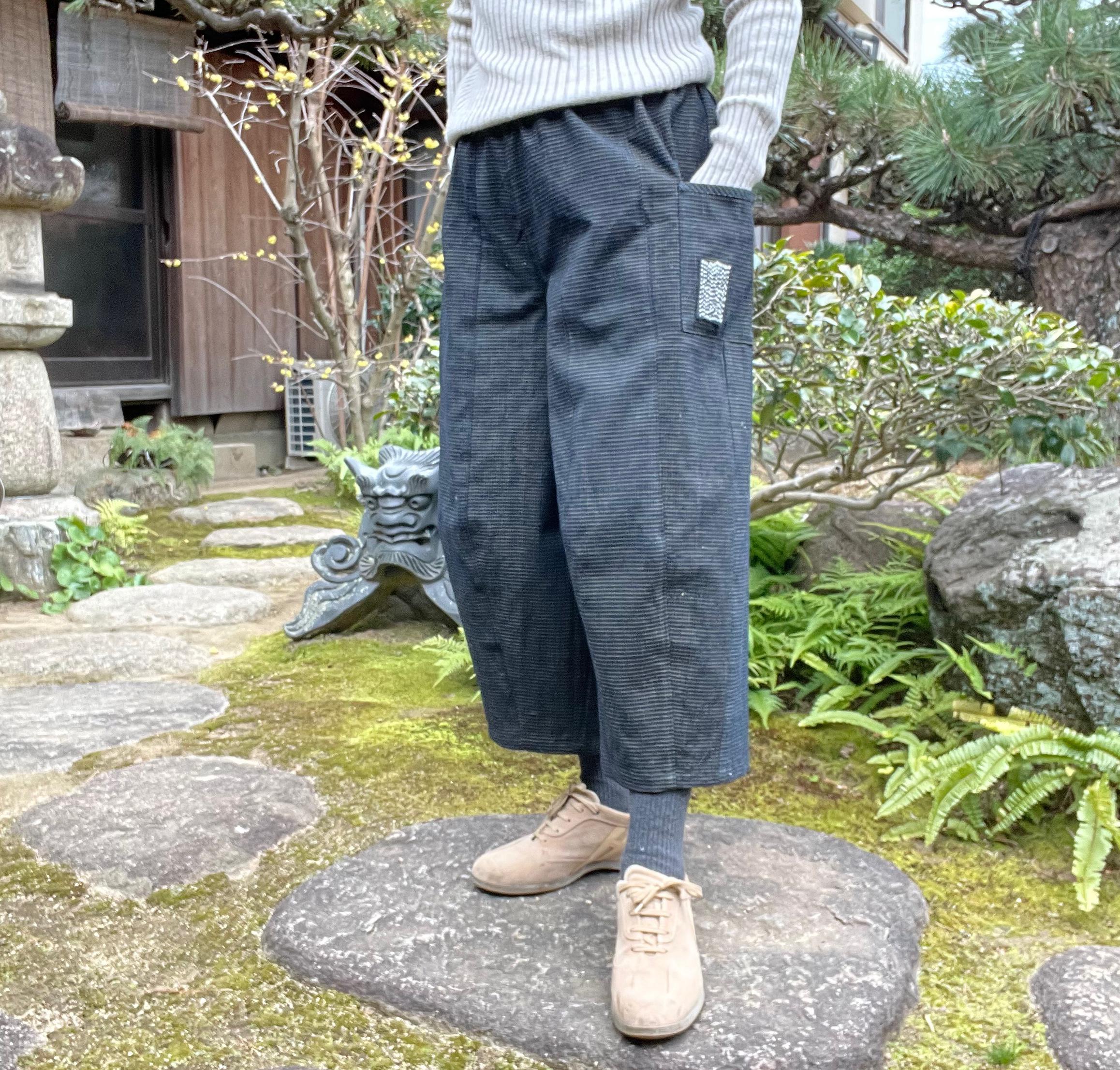 藍染 絣 刺し子 日本の古布 ワイドパンツ ハンドメイド-