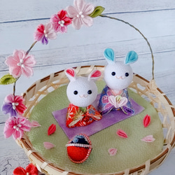 春の季節飾り うさぎのお花見 桜 菜の花 ちりめん フェルト