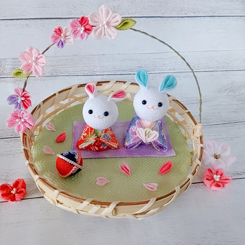 桜 さくら うさぎさん親子のお花見 春 ちりめん つまみ細工 飾り