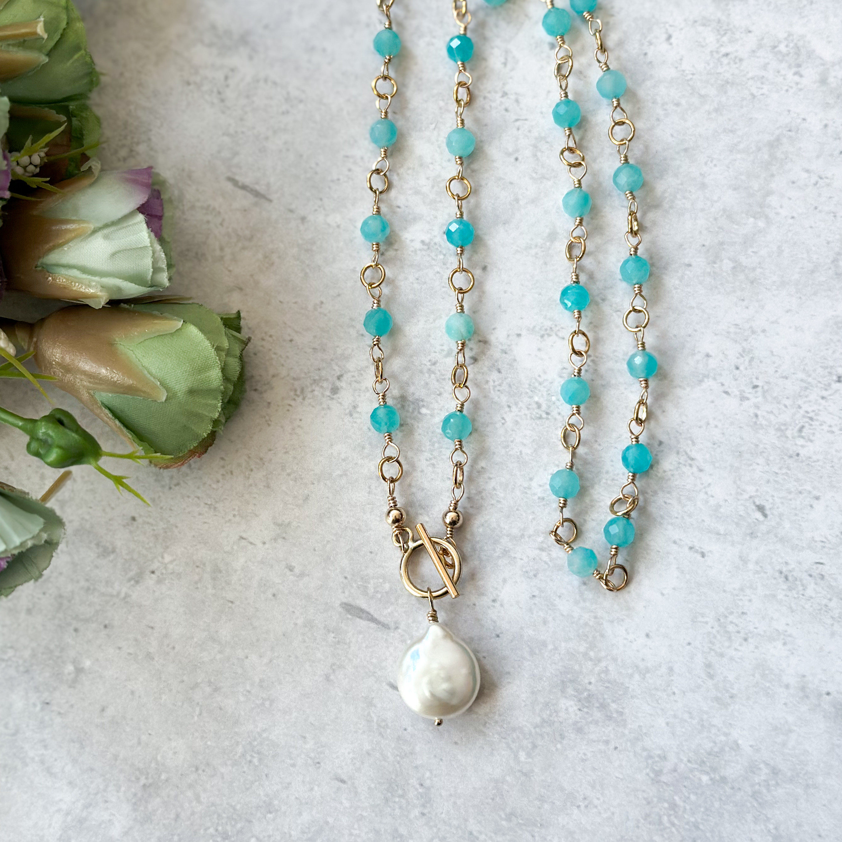 長さが選べます*14kgf*コインパールとアマゾナイトシリカのマンテルネックレス*天然石