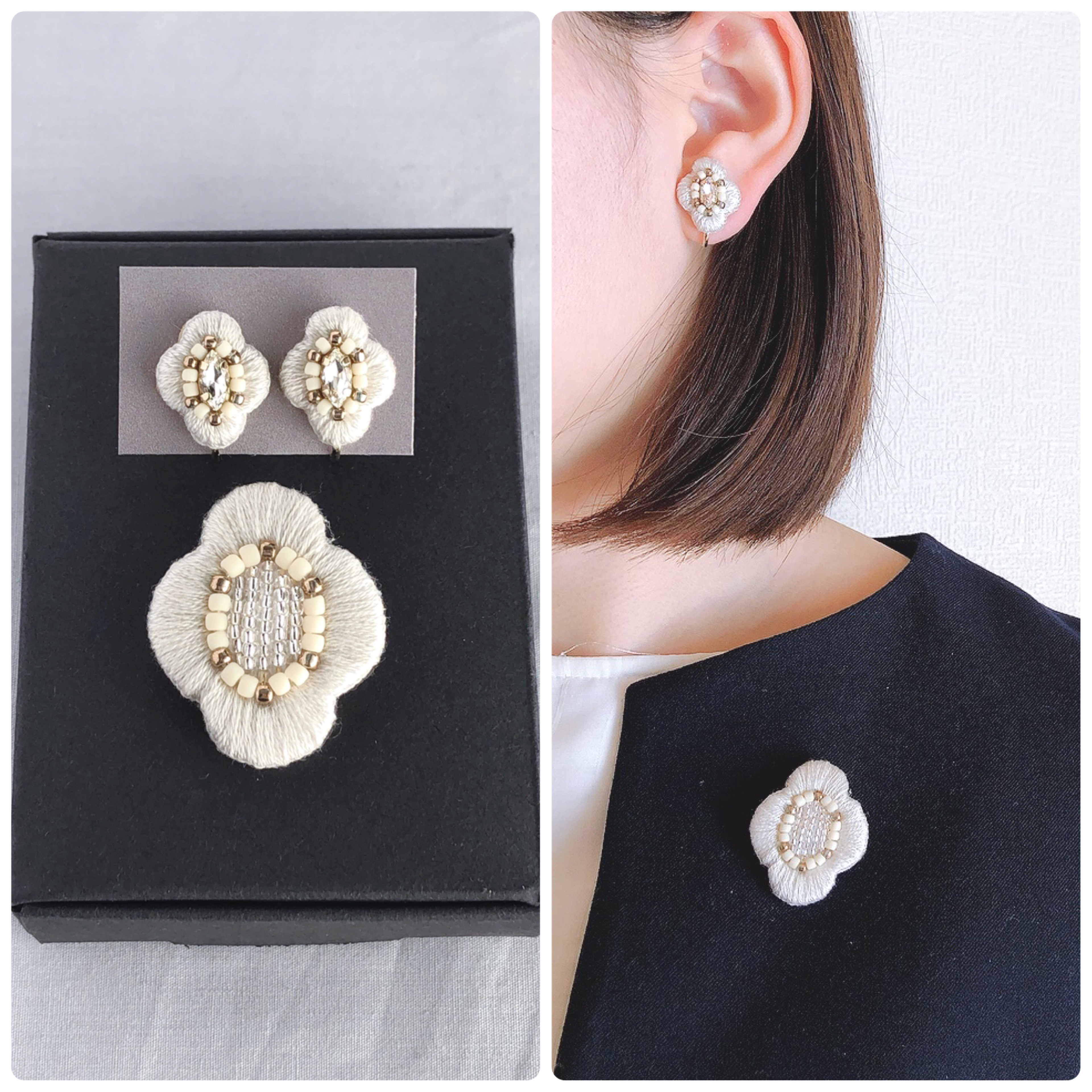 特集掲載【2点セット】mirror/上品さ漂うブローチと耳飾りのセット［エクリュ］