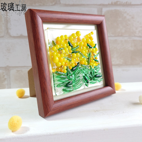 【再販】ミモザ　黄色い花　ミモザの花　ミニ額　ガラス　フュージング　 2枚目の画像