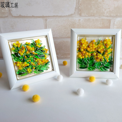 再販】 ミモザ 黄色い花 ミモザの花 ミニ額 ガラス フュージング