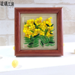 【再販】ミモザ　黄色い花　ミモザの花　ミニ額　ガラス　フュージング　 4枚目の画像
