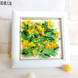 再販】 ミモザ 黄色い花 ミモザの花 ミニ額 ガラス フュージング