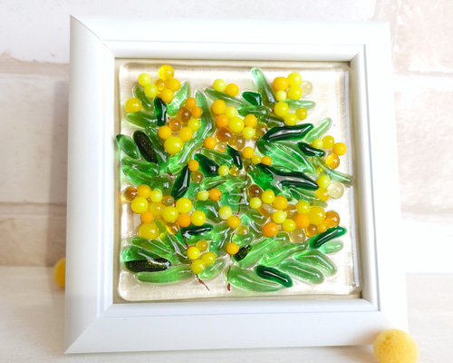 再販】 ミモザ 黄色い花 ミモザの花 ミニ額 ガラス フュージング