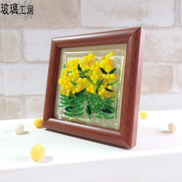 【再販】ミモザ　黄色い花　ミモザの花　ミニ額　ガラス　フュージング　 3枚目の画像