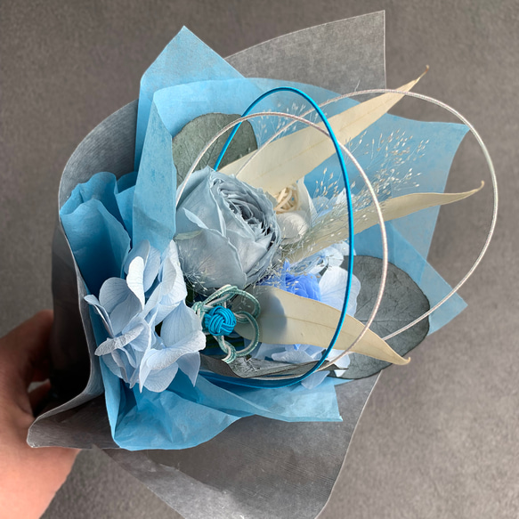 miniブーケ【Hanataba】そらいろ～水引フラワー付～プリザーブドフラワー花束　水色　結婚祝　母の日　誕生日 2枚目の画像