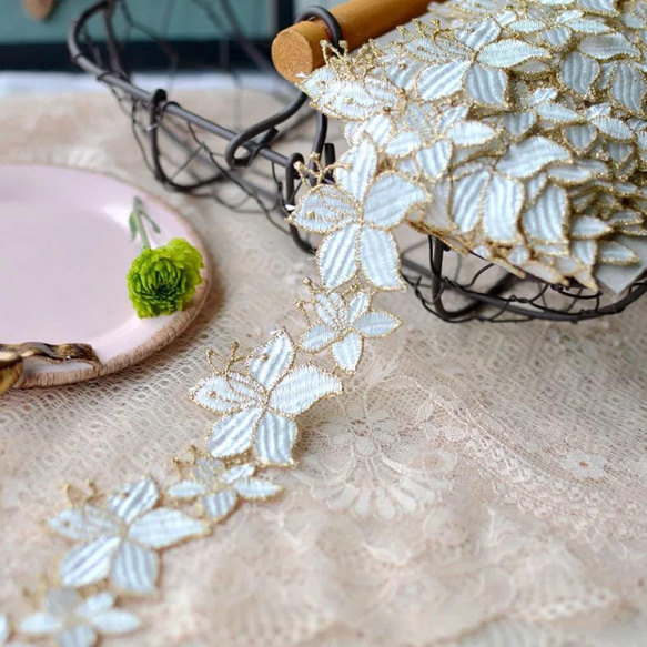 刺繍レース ホワイトゴールド 白花 結婚式 パーツ 入学式 卒業式 
