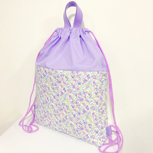 キルティングの大きな体操服袋 (ナップサック) リバティ調 ラベンダー 紫 女の子 2枚目の画像