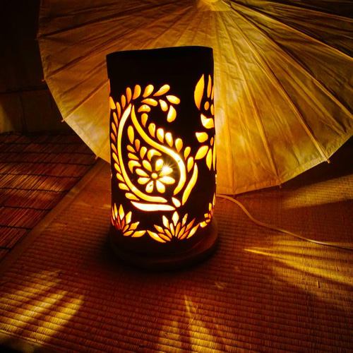 竹灯籠 竹灯り ☆全面彫り☆ 竹ランプ 〜〜光の影〜〜 スタンドライト  