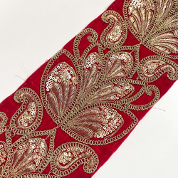 【50cm】インド刺繍リボン レッド　ベルベット　BV374 1枚目の画像