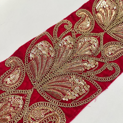 SALE♡50cm】インド刺繍リボン レッド ベルベット BV374 リボン