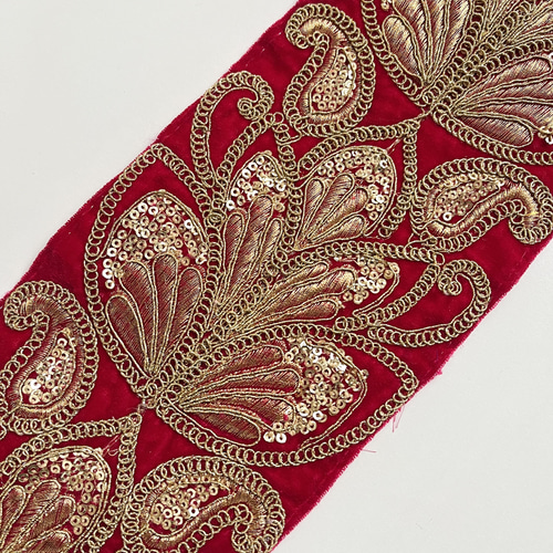 SALE♡50cm】インド刺繍リボン レッド ベルベット BV374 リボン