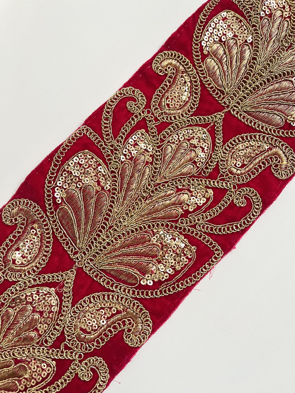 【50cm】インド刺繍リボン レッド　ベルベット　BV374 5枚目の画像