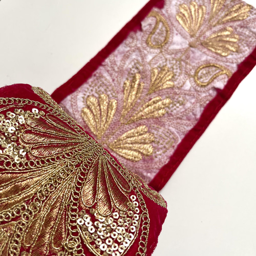 SALE♡50cm】インド刺繍リボン レッド ベルベット BV374 リボン