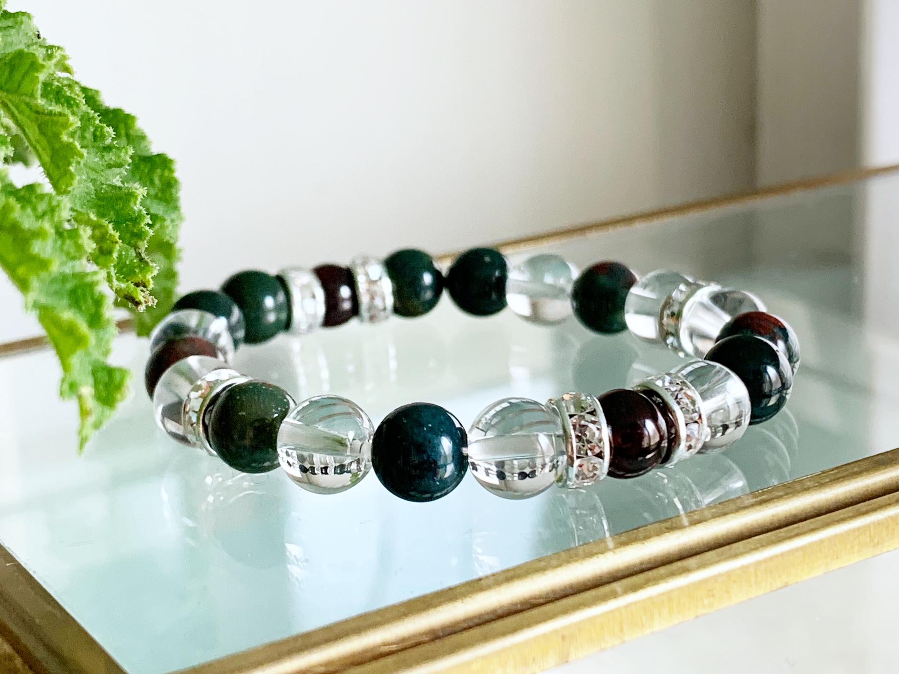 【ユニセックス】気力と体力を高めるガーネット＆ブラッドストーン＆水晶・ブレスレッド【1月＆3月＆4月の誕生石】 Vol.