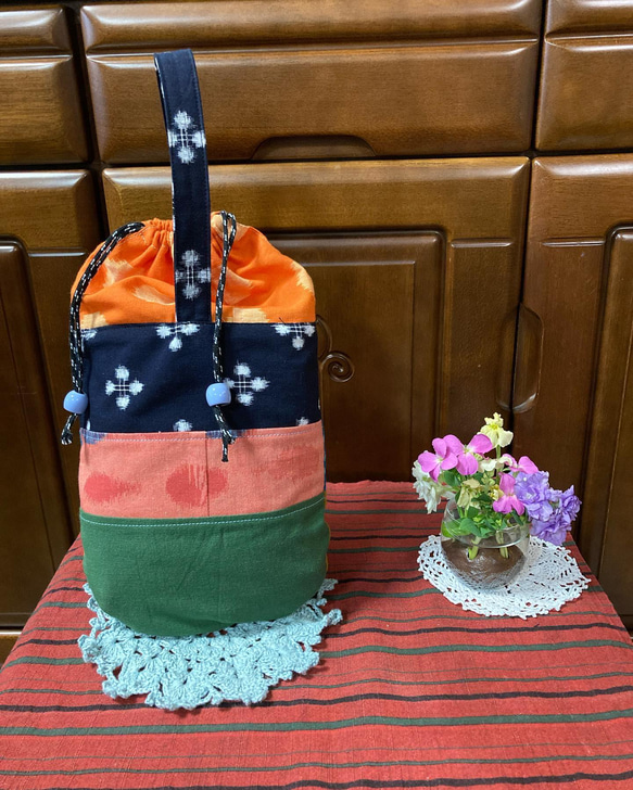 久留米絣のパッチワーク　手提げ付き　丸底巾着袋 5枚目の画像