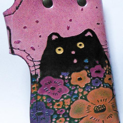 猫のデザイン　バッグ　財布等　レザークラフト  キーケース　蝶 猫ワインレッド系oikawa 3枚目の画像